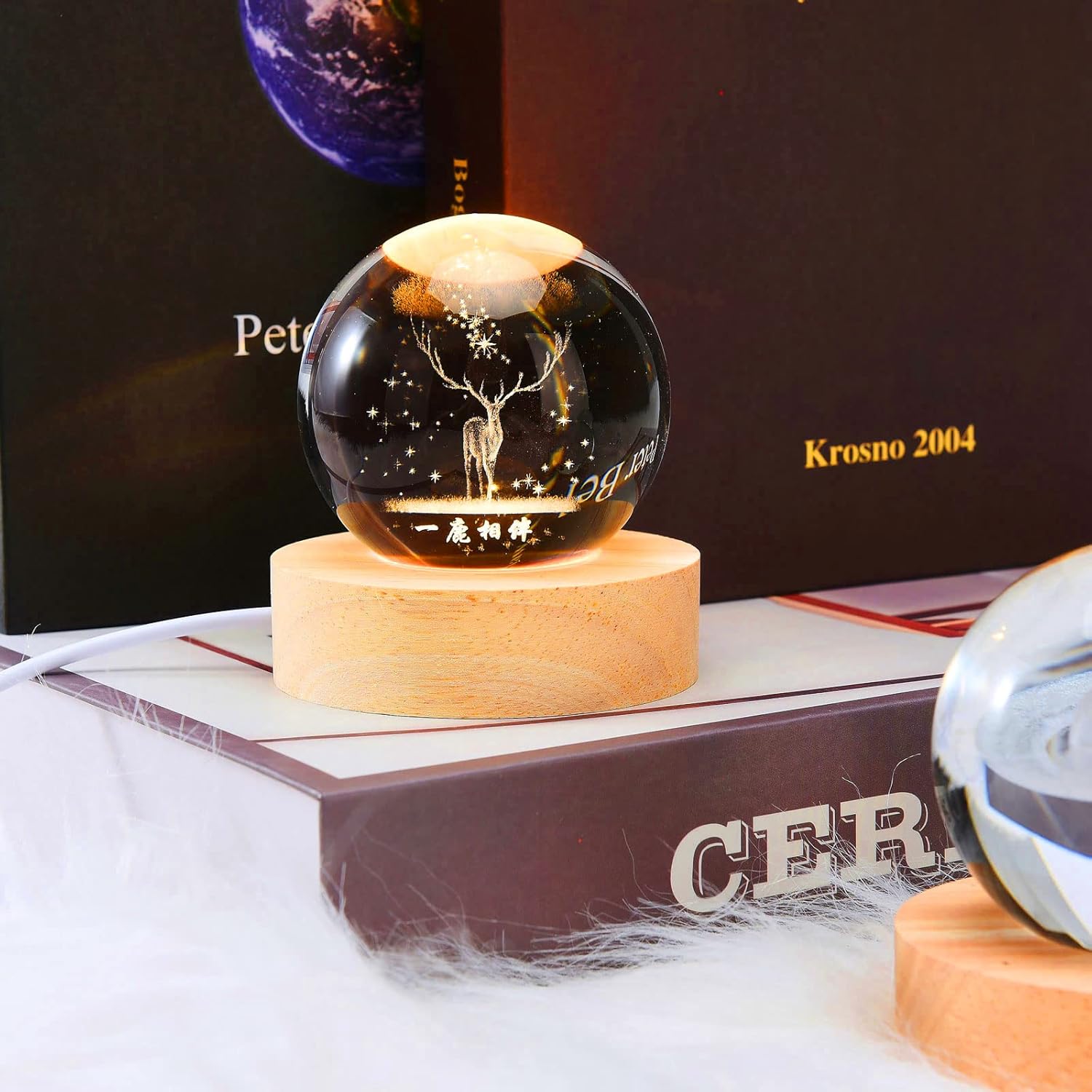 Crystal Globe Night Lamp | 3D Engraved LED Light with Wooden Base